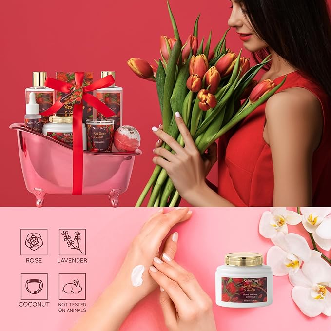Christmas Gifts for Women, spa kit Gifts for Her Mother's Day Bath Spa Gift Set Red Rose & Tulip Spa Basket Kits for Women, Contains Body Oil, Body Lotion, Salt, self care baskets Mother's Day Gift