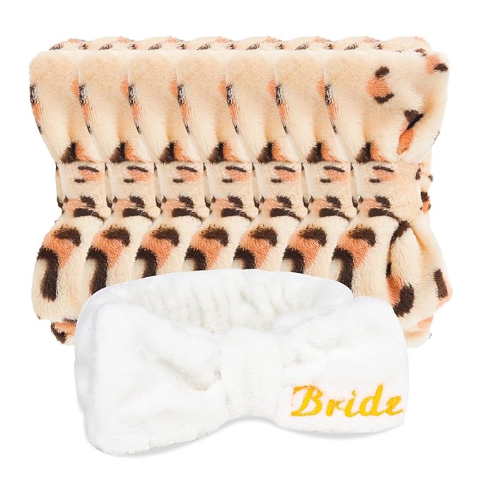 CIEHER Spa Headbands for Bachelorette Party Favors, 8 Pcs Leopard Print Spa Headbands for Bride & Bridesmaid, Bachelorette Gifts for Bride's Skincare & Makeup