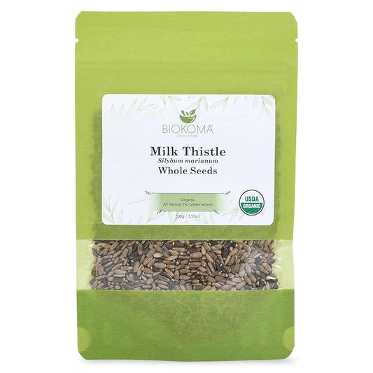 Biokoma Pure and Organic Milk Thistle Whole Seeds 100g (3.55oz) in Resealable Moisture Proof Pouch, USDA Certified Organic - Herbal Tea, No Additives, No Preservatives, No GMO, Kosher