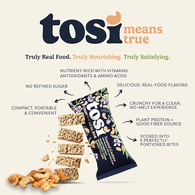 Tosi Meal Bars - Toasted Cashew, Crunchy Nut & Seed Vegan Snack Bars, 14g Plant Based Protein, Organic, Dairy, Soy & Gluten Free, Nutrient-Rich, Omega 3s, Flax and Chia Seeds, 2.4 oz, 12 Pack