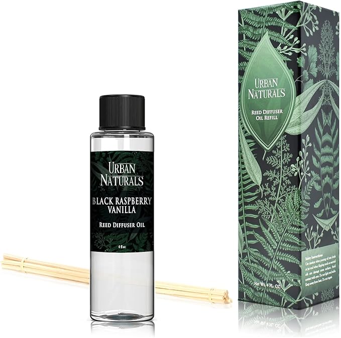 Urban Naturals Reed Diffuser Oil Refill, Black Raspberry Vanilla Oil for Diffuser with Orchid, Amber, Sandalwood, 4 oz + Free Reed Sticks, Made in The USA