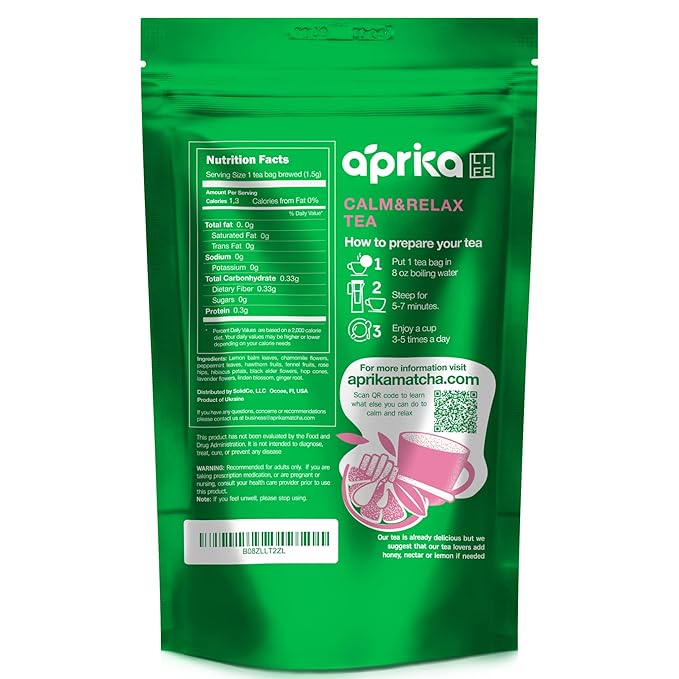 AprikaLife - Calm and Relax Herbal Tea with Chamomile, Peppermint, and Lavender - 60 Tea Bags. Delicious Herbal Blend for a Calming Experience