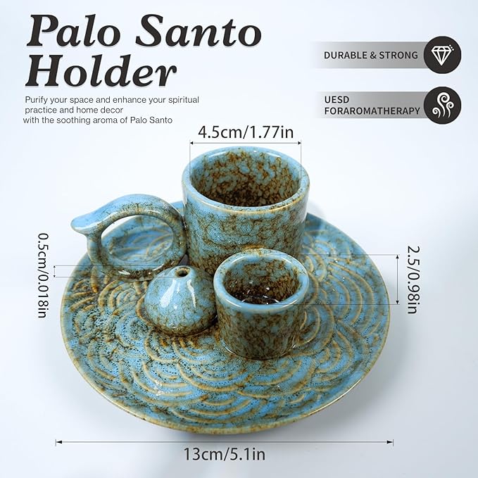 5-in-1 Ceramic Palo Santo Burner Holder Blue -Small Candle Holder & Smudge Burning Tray Bowl,Fits Incense Sticks/Cones, Sage.Zen Altar for Meditation Room, Aromatic Scents, Matches Compatible