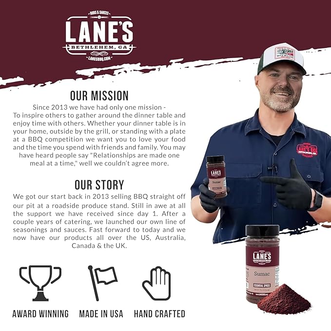 Lane's Ground Sumac Spice, 8.5 oz - Bold & Tangy Sumac Seasoning Powder, Gluten-Free, Authentic Middle Eastern & Mediterranean Spices, Perfect for Meats, Salads, Marinades & Zesty Recipes, Made in USA