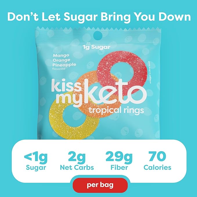 Kiss My Keto Sugar Free Gummies, Gummy Ring 24-Pack – Satisfy Cravings while Staying in Ketosis – High Fiber, 2g Net Carbs, Non-GMO, Vegan, & No Gluten – Calorie-Friendly Vegan Candy