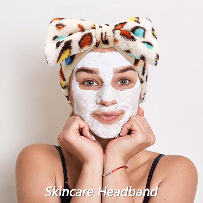 Velscrun 6 Pack Spa Headband, Makeup Headband, Face Wash Headbands, Skincare Headbands, Sponge Hair Band Bow Tie Spa Head Band for Washing Face Wristband Set Hair Accessories for Women Gifts Leopard D