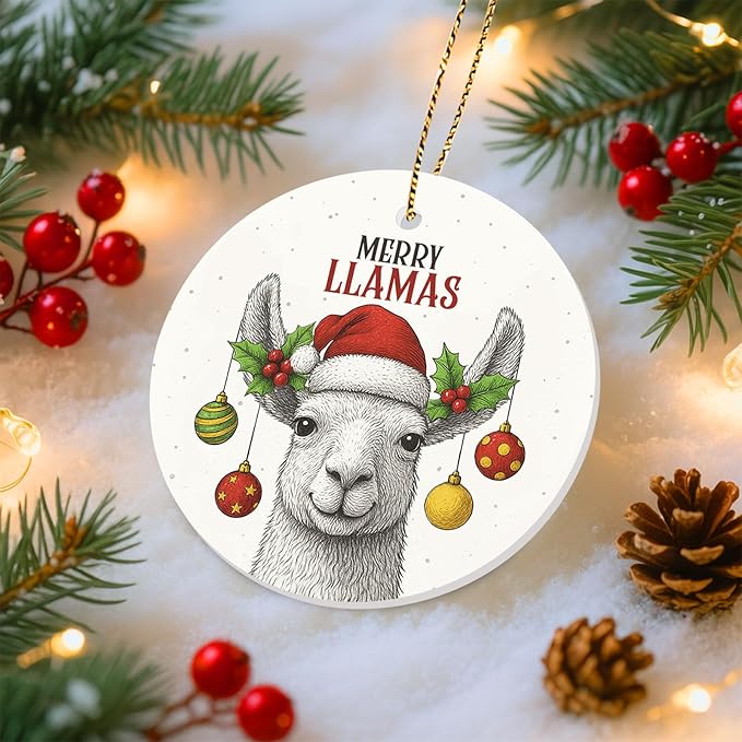 34HD Merry Llamas Ceramic Christmas Ornament – Funny Double-Sided Holiday Llama Tree Decoration for Animal Lovers
