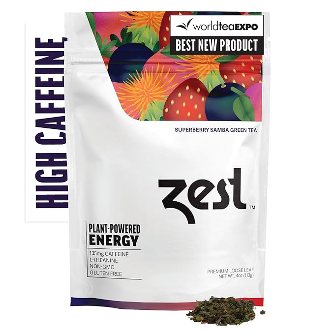 Zest Energy Green Tea - Superberry Samba Loose Leaf - High Caffeine Strawberry & Passion Fruit - Caffeinated Coffee Altnernative with Antioxidants - Natural, Non-GMO & Keto - 50 Servings - 135mg Caf