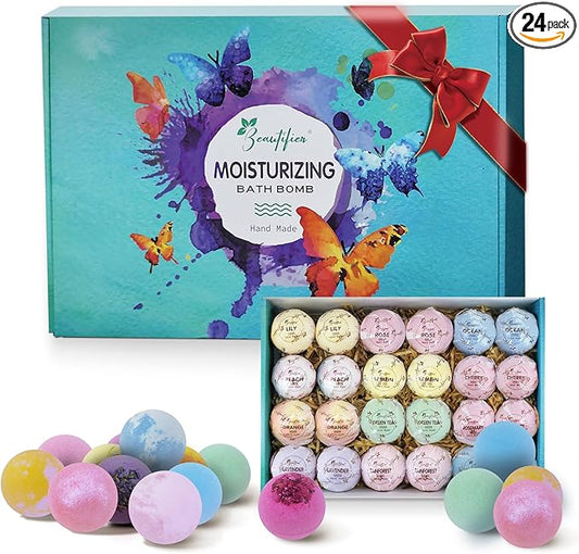 Dry Skin Moisturizer Bath Bombs Gift Set 24, with Relaxing Scents Made from Essential Oils for Bubble and Spa Bath, Handmade Christmas Gifts for Her/Him, Wife, Girlfriend