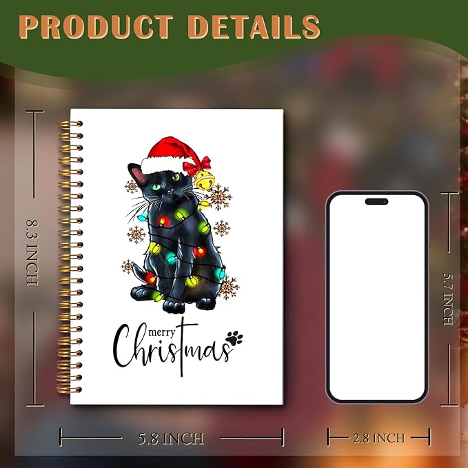 Exqcom Christmas Black Cat Spiral Notebook Gifts, Black Cat Gifts, Merry Christmas Journal for Women, Winter Holiday Funny Kitty Hardcover Notebook Journal Office School Supplies, 5.5x8.3 Inch