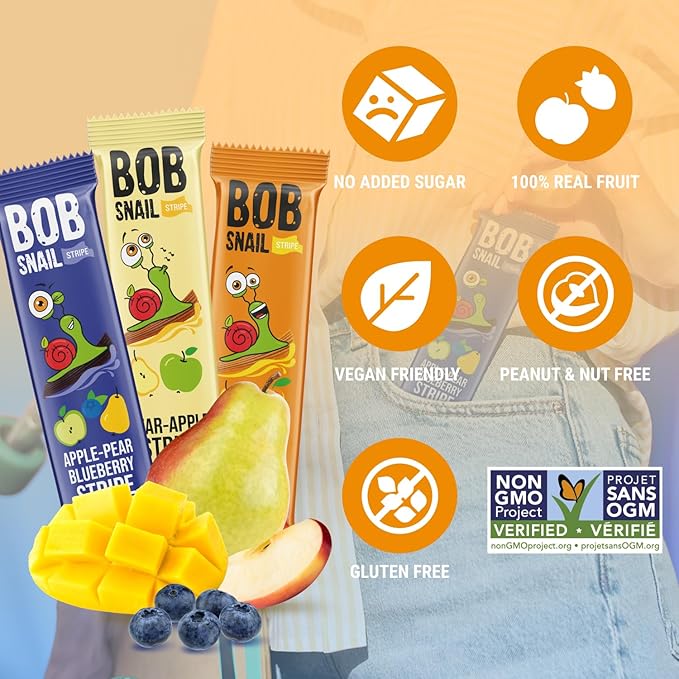 BOB SNAIL Healthy Organic Fruit Snacks for Kids and Adults – 30 Organic Fruit Leather Snacks with Pear & Apple, Blueberry, Mango – Vegan Low-Carb Variety Pack Strips for Kids – Sugar Free Jerky Bars