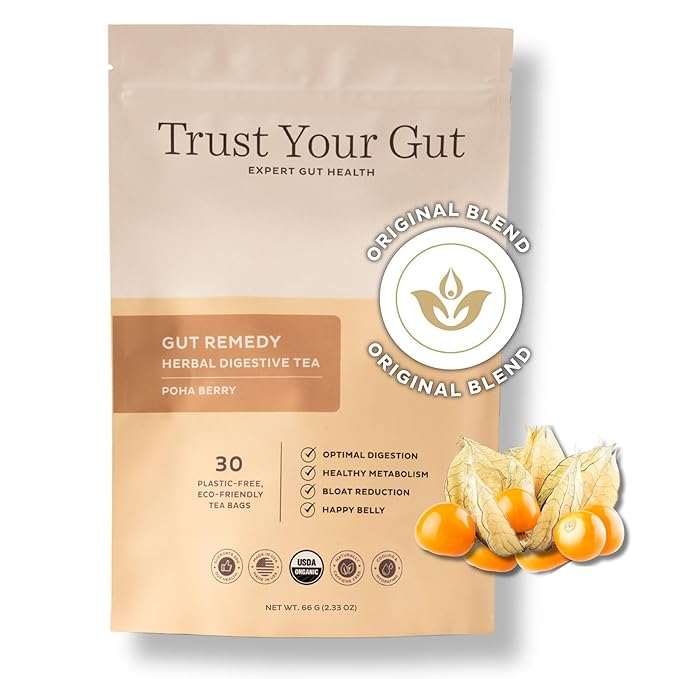Trust Your Gut Organic Herbal Tea Blend with Lemon Balm, Holy Basil, Dandelion, Ginger Root – Liver Detox, Digestion & Gut Health Support, Gas Bloating Relief – Poha Berry, 30 Bags