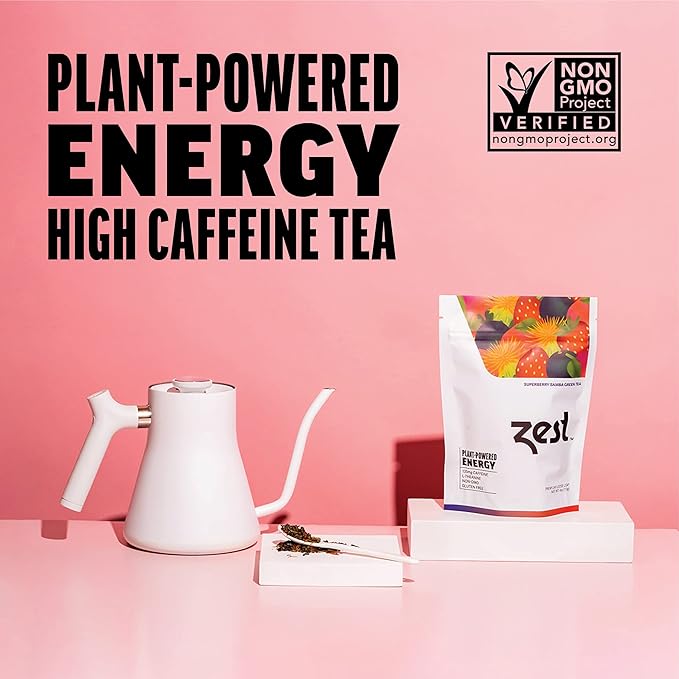 Zest Energy Green Tea - Superberry Samba Loose Leaf - High Caffeine Strawberry & Passion Fruit - Caffeinated Coffee Altnernative with Antioxidants - Natural, Non-GMO & Keto - 50 Servings - 135mg Caf