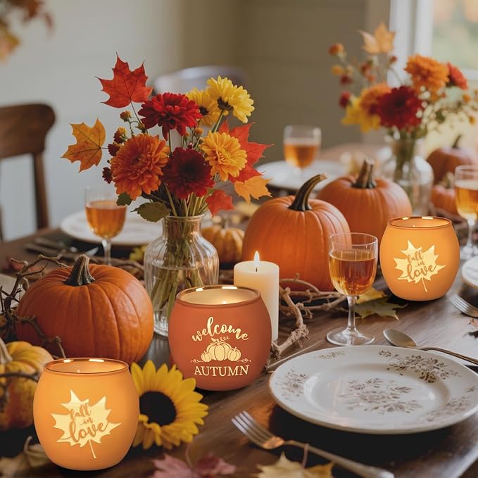 Lanpn Fall Scented Candles Gift Set 4 Pack 16oz Soy Wax Jar Candles Thanksgiving Aromatherapy Candle Autumn Home Table Decor Glass Votive Candle Holder Tabletop Centerpiece Farmhouse Decoration