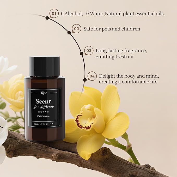 White Jasmine Oil for Waterless Diffusers,Reed Diffuser Refill,Premium Fragrance for Home Decor,Hotel Style Collection - Plastic Bottle,100ml(3.4 fl.oz)