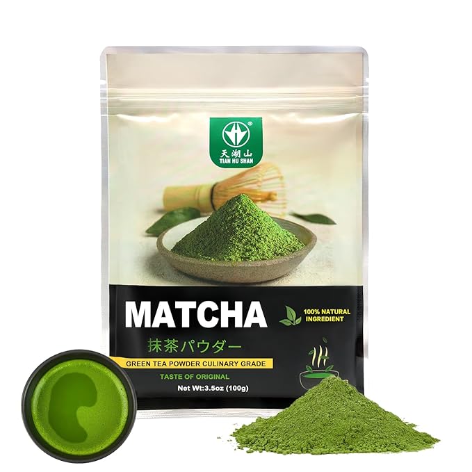TIAN HU SHAN Matcha Green Tea Powder 3.5oz/100g, Pure Matcha Powder Culinary Grade Unsweetened for Lattes, Cooking, Baking, Vegan 100% Natural (Package May Vary)