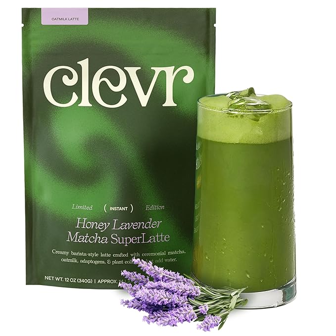 Clevr Blends Organic Honey Lavender Matcha SuperLatte, Instant Ceremonial Grade, Superfood Powder Blend, Oat Milk, Lion Mane, Reishi Mushroom, Coconut Cream, Ashwagandha, Serve Hot or Iced (14 Lattes)
