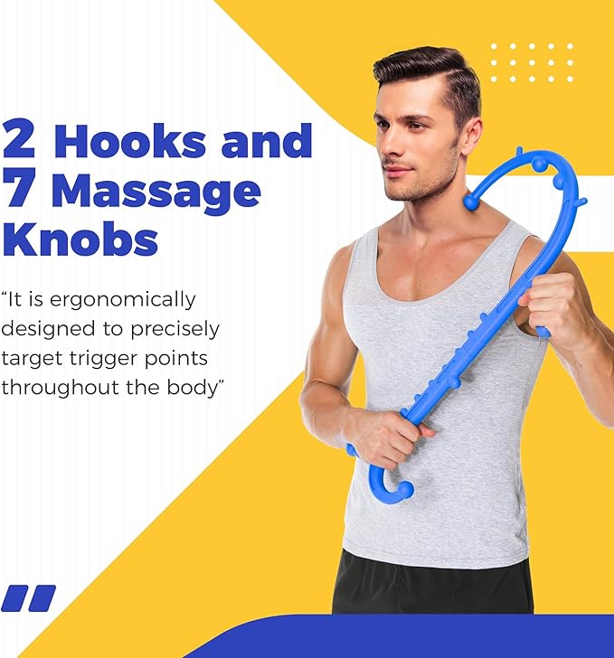 Back and Neck Massager-Trigger Point Massage Tools for Pain Relief and Self Massage Hook Cane- Handheld Body Deep Tissue Shoulder Leg Feet Massager Stick Gift for Men & Women-Blue