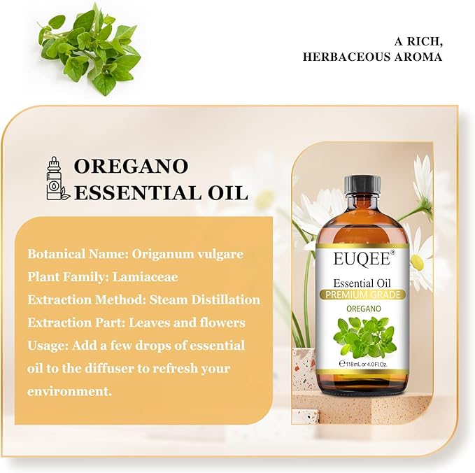 EUQEE Oregano Essential Oil 4oz / 118ML Large Capacity Oregano Oil Pure Aromatherapy Essential Oils with Glass Dropper for Candle Soap Making, Diffusers