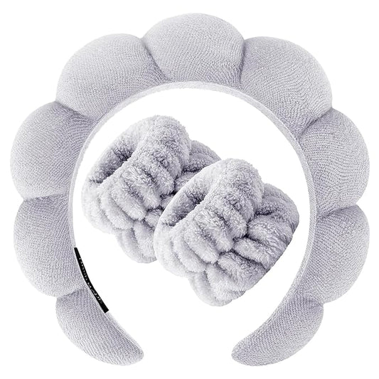 Zkptops Spa Headband for Washing Face Wristband Set Sponge Makeup Skincare Headband Terry Cloth Bubble Soft Get Ready Hairbands for Women Girl Puffy Padded Headwear Non Slip Thick Hair Accessory(Grey)