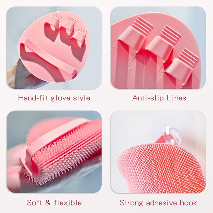 Manmihealth Silicone Back Scrubber & Soft Bath Glove Set 4 PCS(Thin Bristles), Super-Exfoliating Body Scrubber & Super-Lathering Shower Face Brush Combination, with 2 Free Hooks (Pink)