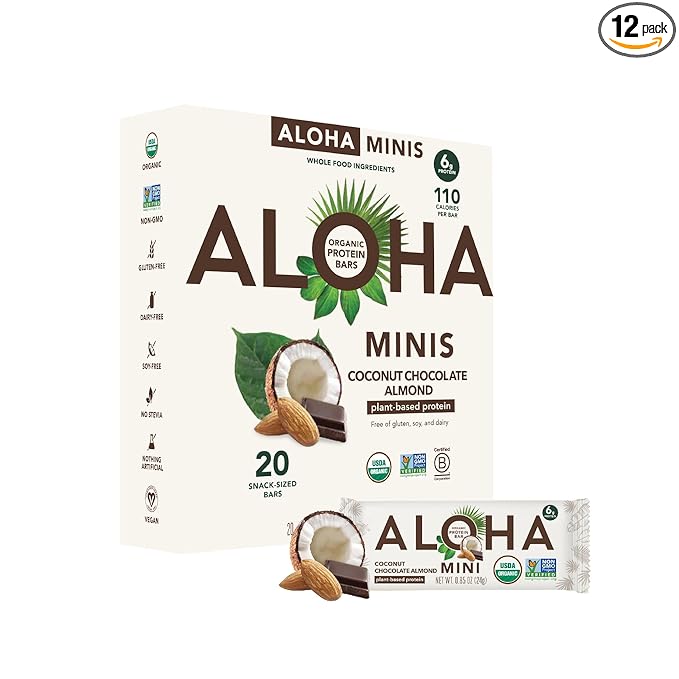 ALOHA Organic Plant Based Protein Bar MINIS |Coconut Chocolate Almond | 20 Count, 24g Bars | Vegan, Low Sugar, Gluten Free, Paleo, Low Carb, Non-GMO, Stevia Free, Soy Free, No Sugar Alcohols