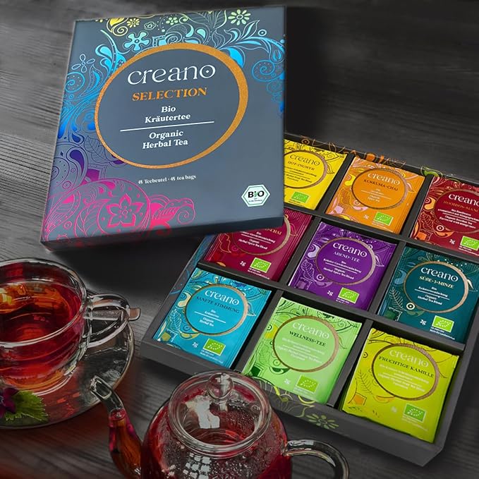 Creano Organic Herbal Tea Gift Set Grey - 45 Organic Tea Bags in 9 Different Varieties - 90 g