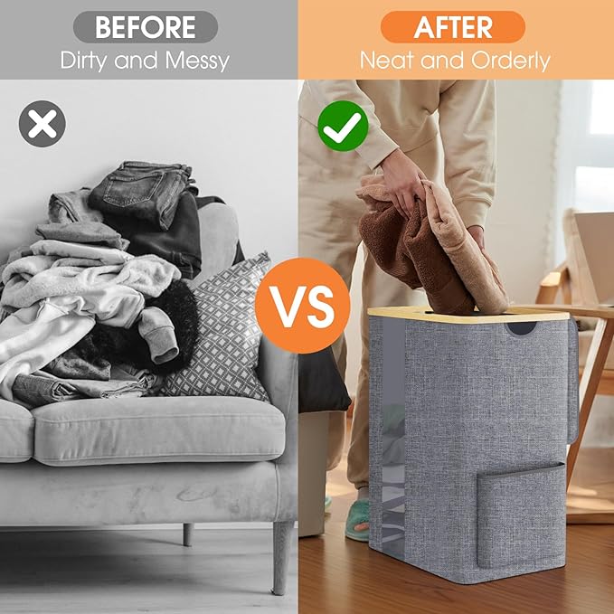 Laundry Basket Clothes Hamper with Lid and Pocket Large Collapsible Laundry Baskets with Handle, Freestanding Hampers for Bedroom Aesthetic, Dorm, Bathroom, Laundry Room (80L,Light Grey)