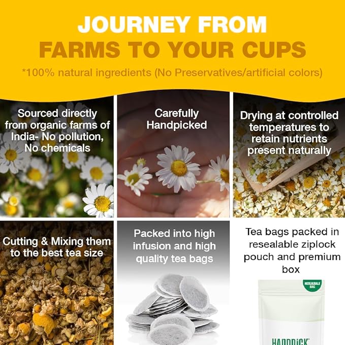HANDPICK, Organic Chamomile Tea Bags (100 Herbal Tea Bags) Caffeine Free| Premium Floral Chamomile Herbal Tea in Eco-Conscious Teabags | Direct from Source