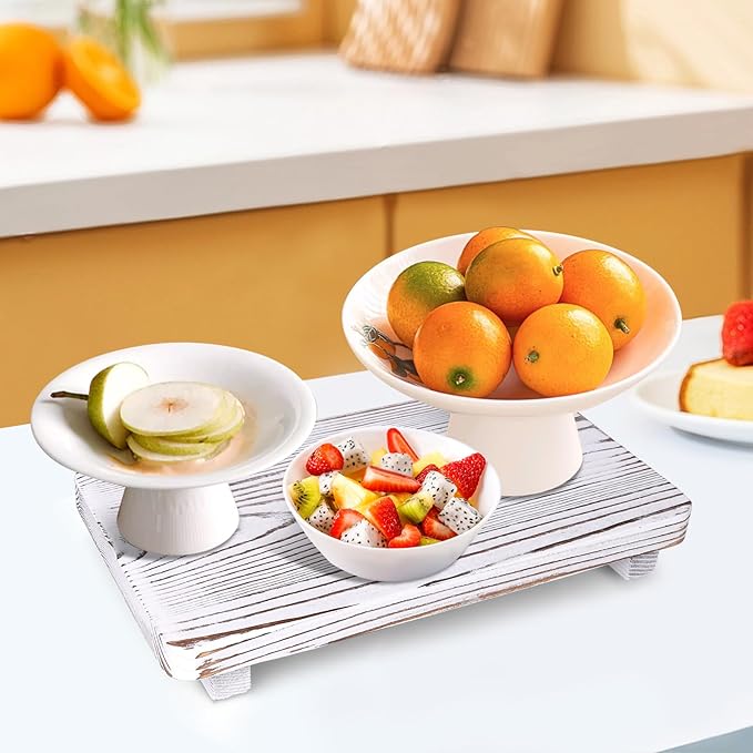 Bathroom Counter Tray Wood Pedestal Stand White Kitchen Countertop Trays Decorative Dish Soap Dispenser Holder for Bathroom Sink Accessories Wooden Riser Display Stands Kitchen Decor Vanity Tray