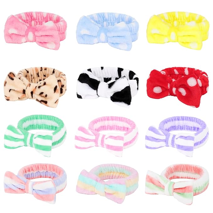Casoty 12 Pcs Spa Headbands, Skin Care Headband, Soft Coral Fleece Makeup Head Bands, Bow Hair Band for Face Washing Shower Skin Care Yoga