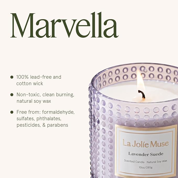 LA JOLIE MUSE Lavender Suede Candle - Lavender, Eucalyptus, Sandalwood | 10 oz Natural Soy Wax | 55 Hours Clean Burn | Aromatherapy Candle | Perfect for Relaxation, Self-Care and Meditation