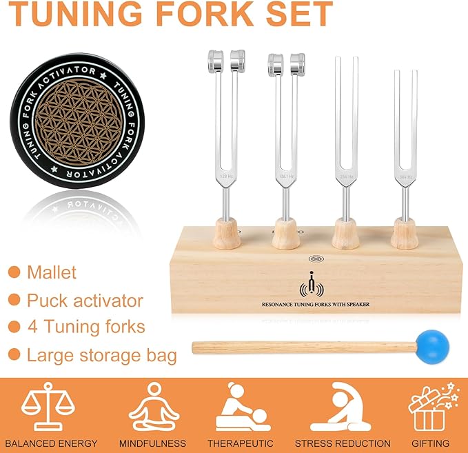 Tuning Forks for Healing Set – Includes 128Hz, 136Hz, 256Hz, 384Hz, & Activator, Bamboo Base, Rubber Hammer, Portable in Black Luggage – Sound Healing Instruments for Chakra, Yoga, and Meditation