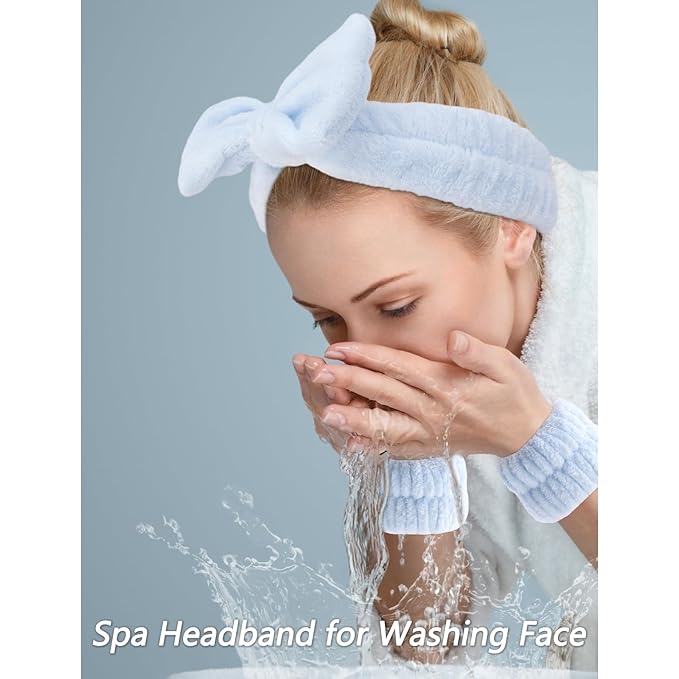 VELSCRUN Spa Headbands for Wash Face, Makeup Headband, Facial Skincare Headbands, 5 Pcs Blue Puffy Sponge Spa Headband Bow Tie Hair Band Hair Clips Wristband Set Women Girls Accessories