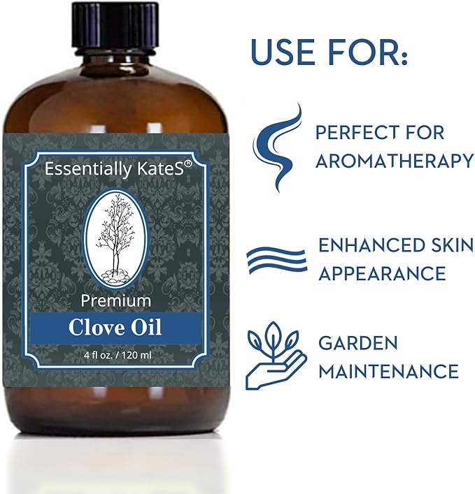 Essentially KateS Clove (Leaf) Oil 4 Fl Oz - Premium Grade Essential Oil for Hair Care, Home Diffusers, Skin, Aromatherapy, Massage and Garden Care - Steam Distilled. Part Used is Leaf.