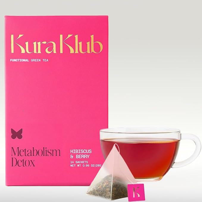 Kura Klub Green Tea Metabolism Blend — Herbal Detox & Beauty Support with Hibiscus| Clean Energy, Digestion & Bloat Relief | Strawberry Lemon Flavor | 14 Plant-Based Pyramid Tea Bags | No Microplastics