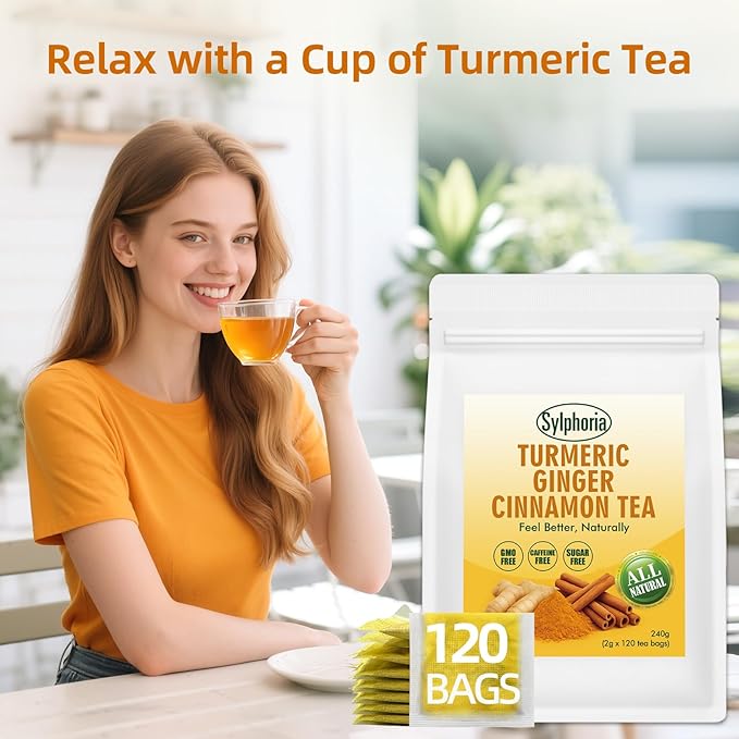 120 Bags Premium Turmeric Ginger Cinnamon Tea Bags, Premium Natural Ingredients, Turmeric Ginger Herbal Blend with Cinnamon, No Sugar, Caffeine-Free