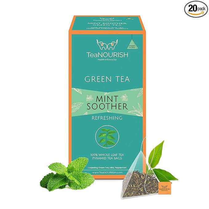 TeaNOURISH Mint Soother Green Tea | 20 Count Pyramid Tea Bags | Darjeeling Whole Leaves | Blended with Fresh Mint & Peppermint Leaves | Refreshing & Calming Tea