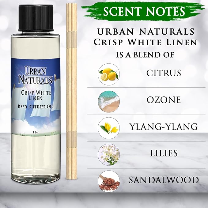 Urban Naturals Crisp White Linen Scented Oil Reed Diffuser Refill | Free Set of Reed Sticks! A Fresh, Clean Cotton Scent, 4 oz (2 Pack)