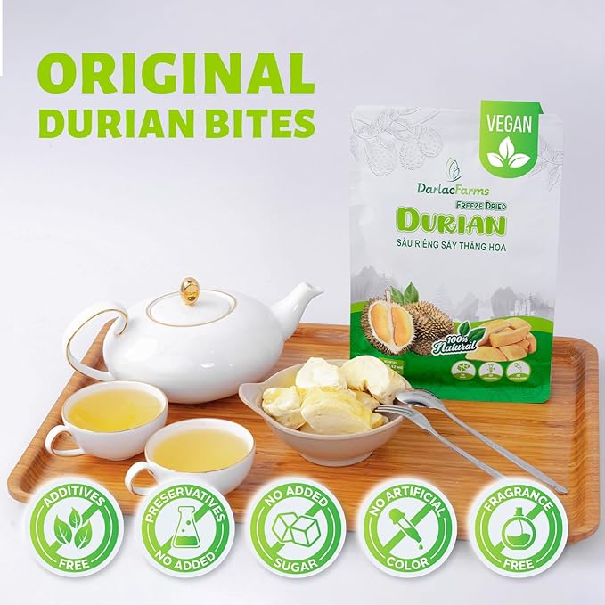 DARLAC FARMS Freeze Dried Durian Bites Pack 2 (0.7 Oz x 6 Counts), Premium Organic Crispy Crunchy Natural Healthy Fruit Snacks for Kids & All Ages, No Sugar Added