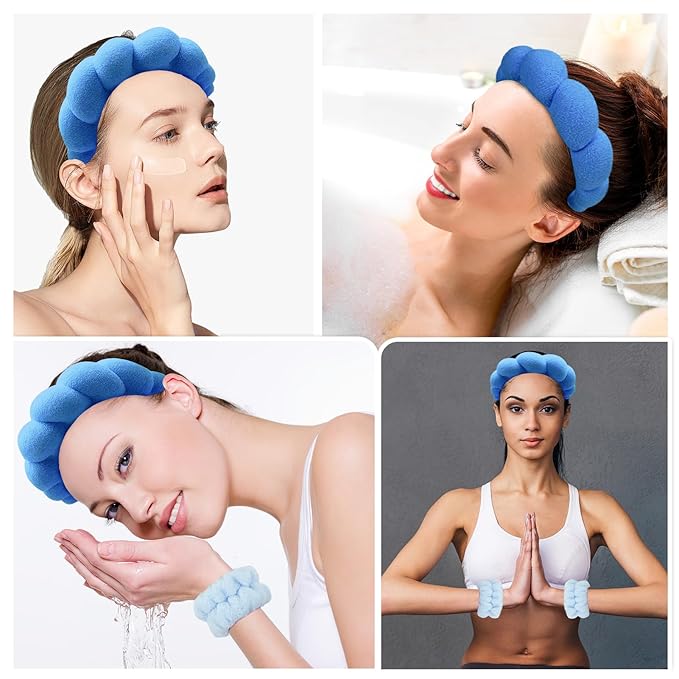 Zkptops Spa Headbands for Washing Face Wristband Set Sponge Makeup Skin Care Headband Towels Bubble Soft Hairband for Women Girls Puffy Headwear Winter Non Slip Thick Thin Hair Accessory(Dark Blue-3)