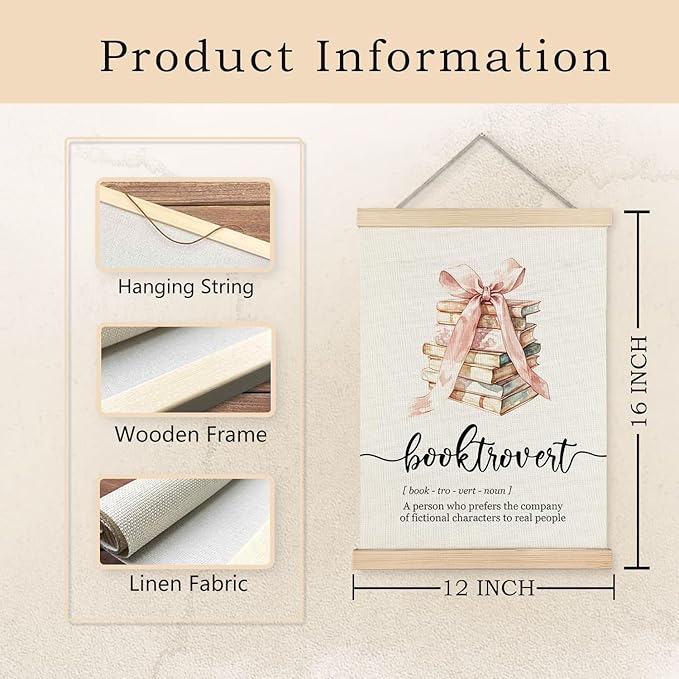 Exqcom Funny Booktrovert Book Lover Wall Art Poster, Reading Nook Room Decor, Book Club Decorations, Preppy Pink Bow Bookish Posters for Reading Room Corner Library Classroom, 12x16 Inches