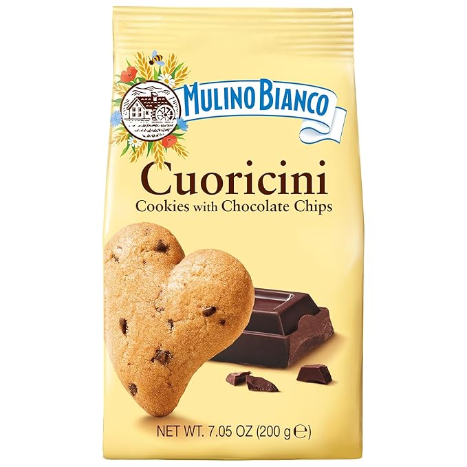 Mulino Bianco Cuoricini Cookies with Chocolate Chips | Heart-Shaped Italian Biscuits | No Palm Oil | Product of Italy | 7.05 Oz (200 g)