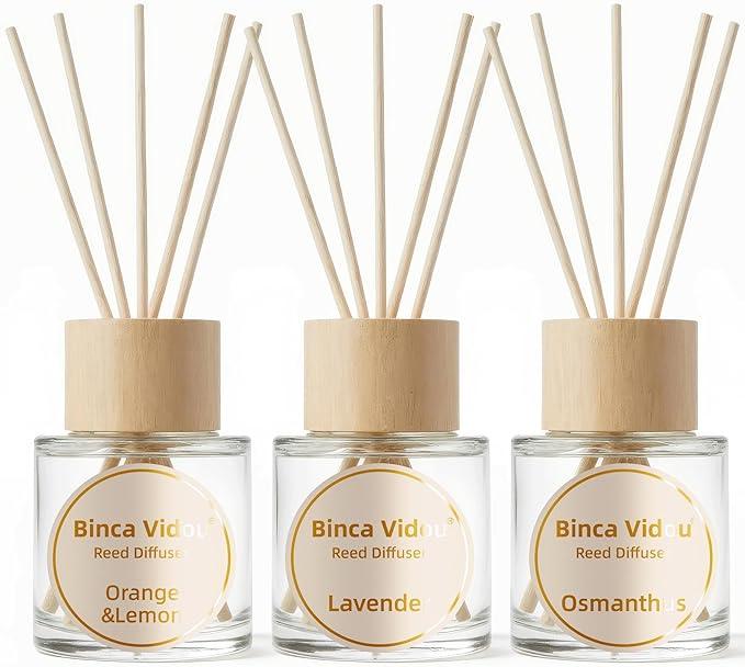 Binca Vidou Reed Diffuser Set, Lavender Osmanthus Orange&Lemon Scent Oil Diffusers with Sticks for Home Office Bathroom Aromatherapy Decor 1.69oz X 3