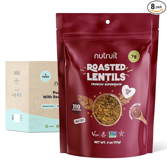 Nutruit Roasted Lentil Snacks - Tasty Snack Box with Vegan, Gluten Free, Non-GMO, High Protein, Low Calorie, Healthy On-The-Go Low Calorie Lentils Snacks - 4oz Packs (8-Pack Box) (8 Pack, Barbecue)