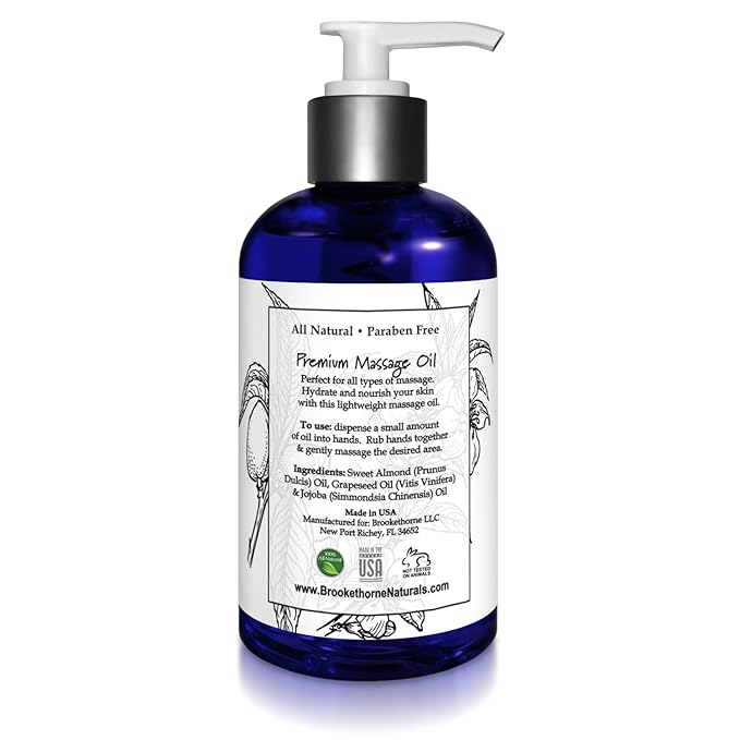 Unscented Massage Oil for Massage Therapy – 100% Natural Body Oil with Sweet Almond, Grapeseed & Jojoba for Premium Glide – Pure Carrier Blend for Aromatherapy – Brookethorne Naturals