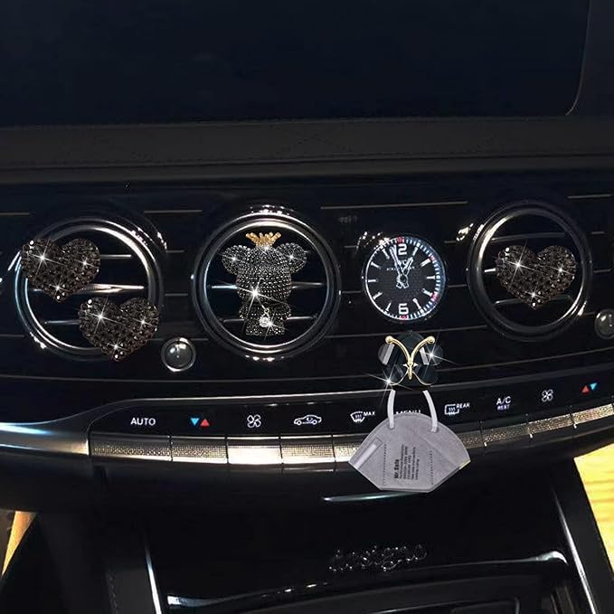 Black Heart & Bear Air Vent Clips, 4 Pcs Bling Heart Car Air Fresheners Diamond Car Diffuser Car Interior Decor Charm Cute Car Accessories Car Decoration for Women + Cute Butterfly Mask Hook