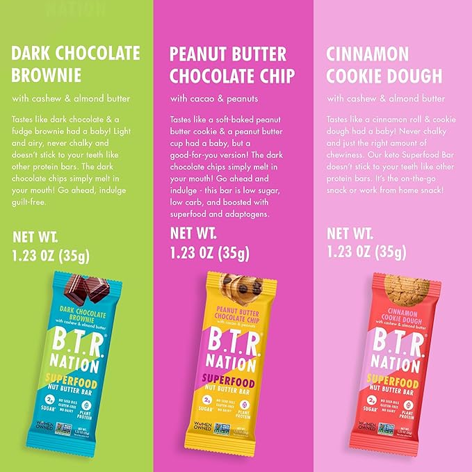 B.T.R. Nation Bar Superfood Keto Protein Bars, Plant Based Vegan Protein - | 6 pack (Sampler Pack) | Low Carb Food, Low Calorie, Gluten Free, No Sugar Alcohols, Boosted with Superfoods