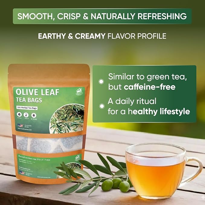 Olive Leaf Tea Bags – 100 Bags (Premium Dried Olive Leaf Tea - 100 Count), Natural Extract Caffeine-Free Herbal Tea for Health & Immune Support