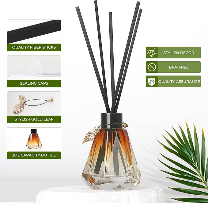 Reed Diffuser Set - 4 Empty Bottles With 20 Sticks, Delicate Gold Leaf Decor, Glass Fragrance Diffuser With Lids for Home, Bathroom | Refillable, Diamond Style Black